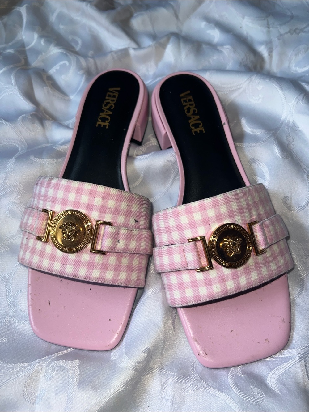 Versace Pink Gingham Medusa Buckle Slide Mules